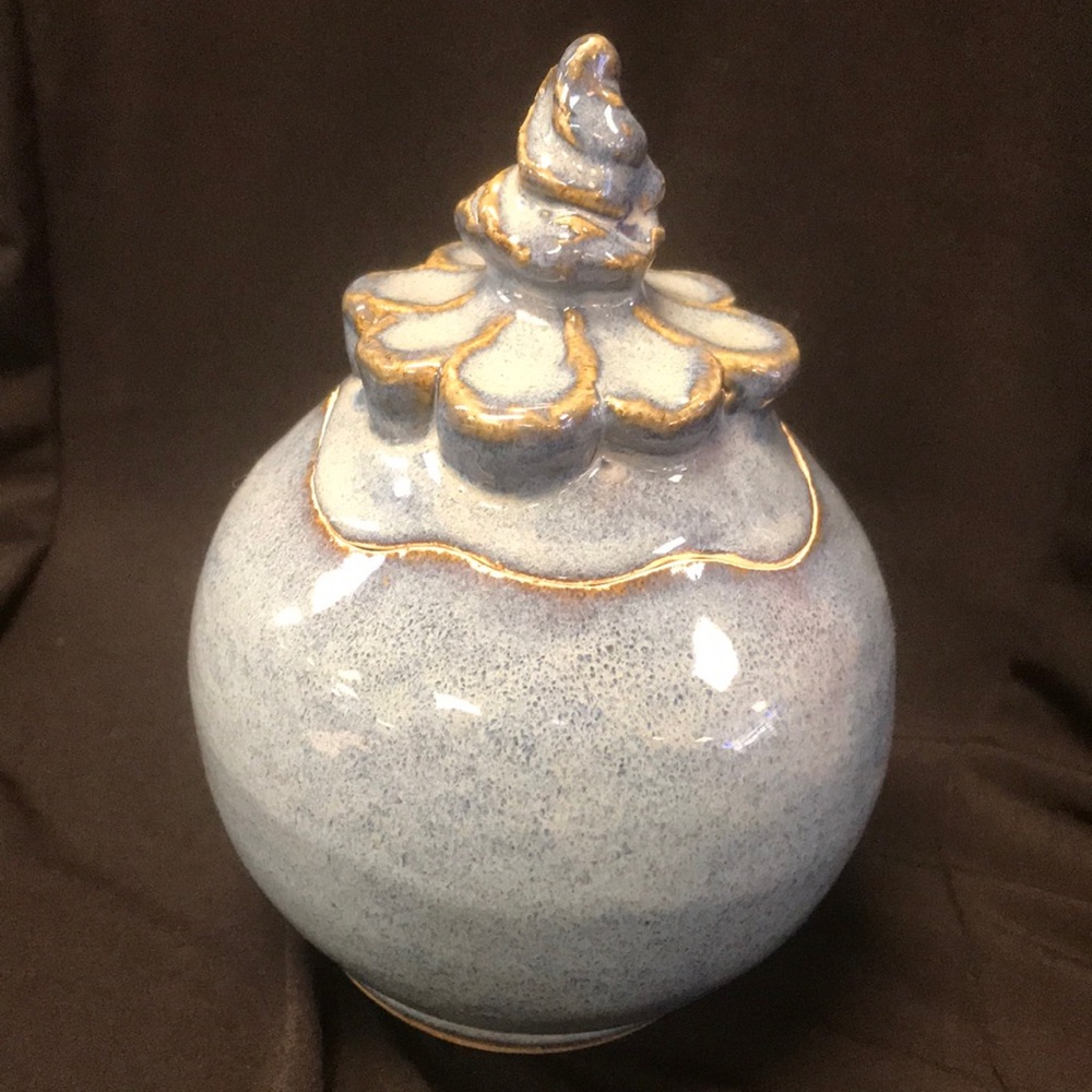 Stamped Studio Pottery Lidded Trinket/Storage Dish with Flower on top